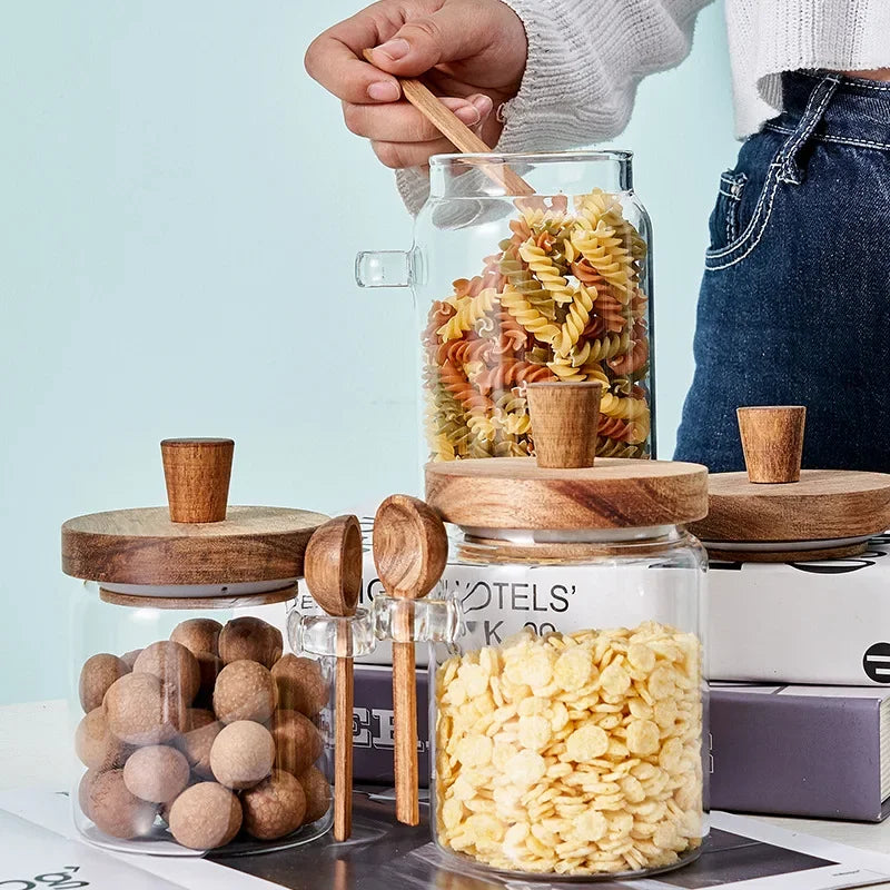 Glas versiegelt Jar fënnef Grains Kaffi an Téi Späichere kënnen mat Holzfloofsaison Kichen Fiichtegkeete-Beweis späicheren