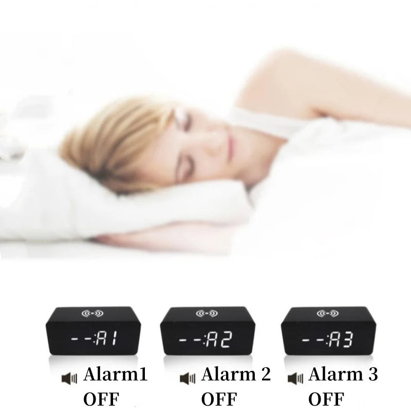 Spraakregeling houten digitale alarmklok draadloze laadtemperatuur datum nachtmodus Tabel klok 3 alarm 12/24 uur LED -klok