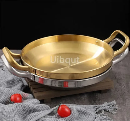 Rustfritt stål Gold Golden Seafood Rice Pot Home Cooking Paella Pan Picnic Snack Plates Kokekar Koserolle Dry Pots med håndtak