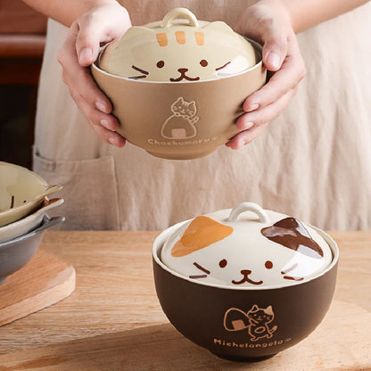 Tazón de sopa de cerámica creativa japonesa lindos animales de dibujos animados con tapa gato tazón para el tazón de tazón de tazón de tazón