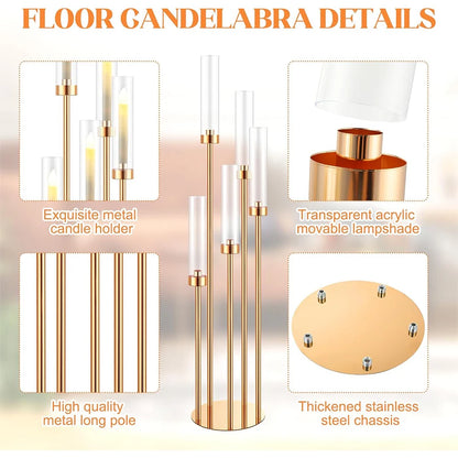 5 Arm 42.5'' Tall Floor Candelabra Gold Candle Holder, Candelabra Centerpieces For Tables, Metal Candlestick Candelabra For Chri