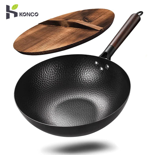 Железный WOK Традиционные 12,5 "углеродистая сталь Wok Wok Pan Woks и жареные кастрюли с кухонной кухней крышки для всех печей