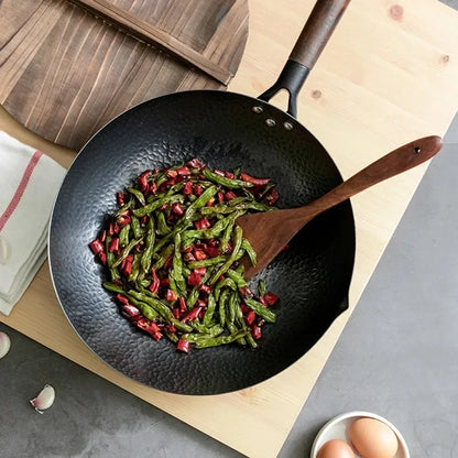 32cm Iron Wok παραδοσιακό άμβολο υψηλής ποιότητας ανθρακούχο χάλυβα wok μη κολλήσει woks pan με ξύλινη κουζίνα μαγειρικά σκεύη για όλες τις σόμπες