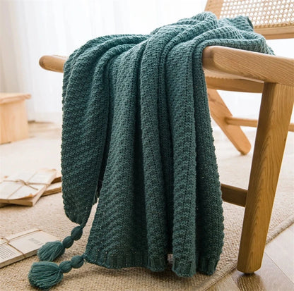 Nordiske tepper til sengsofa sofa chunky strikket sengeteppe strikket kast teppe med dusk vanlig farge vaffel preget teppe