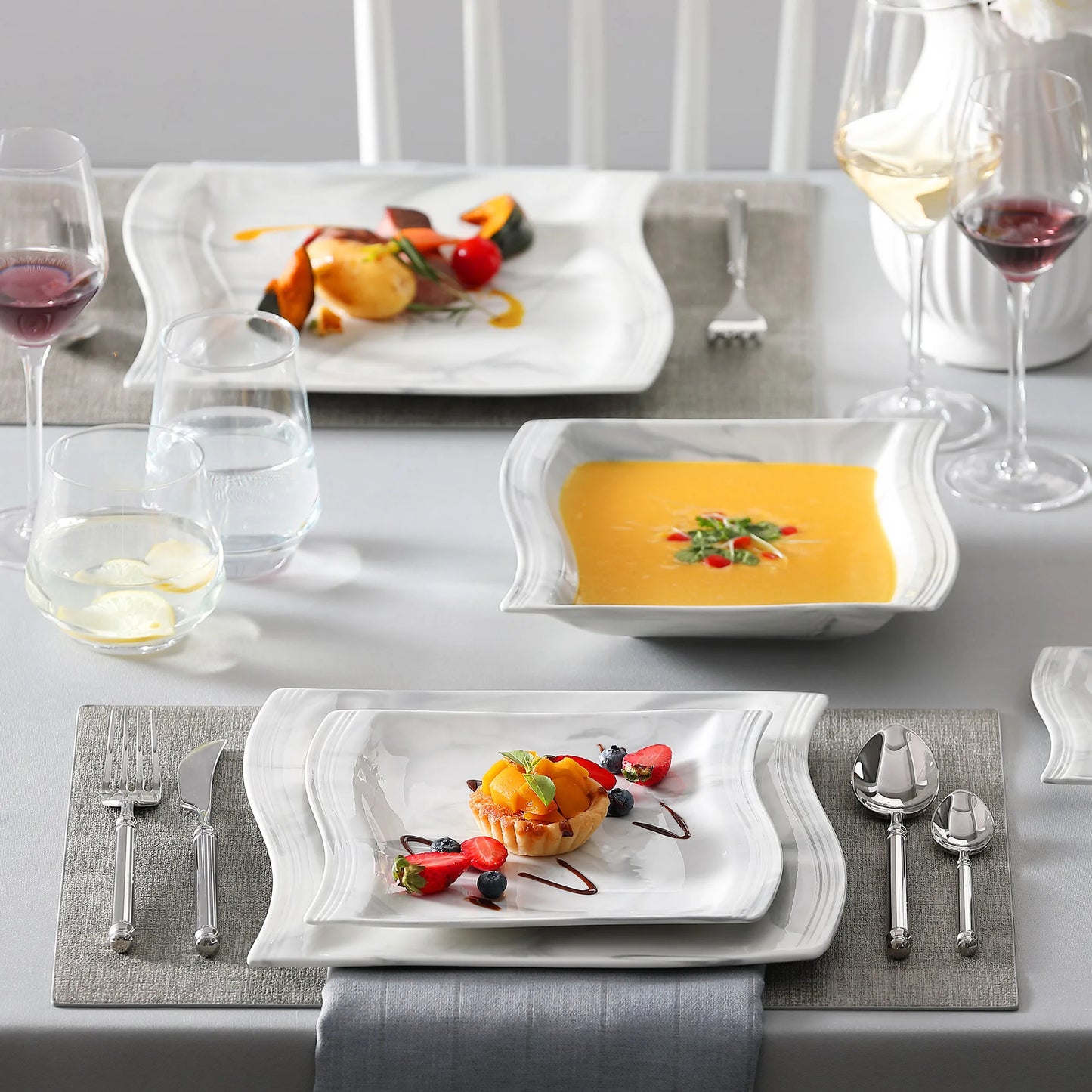 Malacasa Flora 30/60dbs márvány porcelán étkészlet 12*vacsora tányér, desszert tányér, leves tányér, csészék és csészealjak asztalkészlet