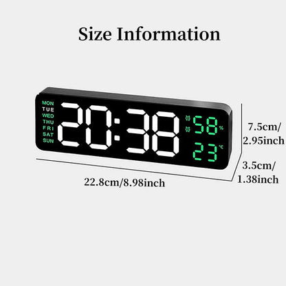 USB Powered 9 Zoll grouss Digital Mauer Clock Temperatur Fiichtegkeet Woch 2 Alarm 1 Alarm dimmer 12 / 24h Dstromed Alarm