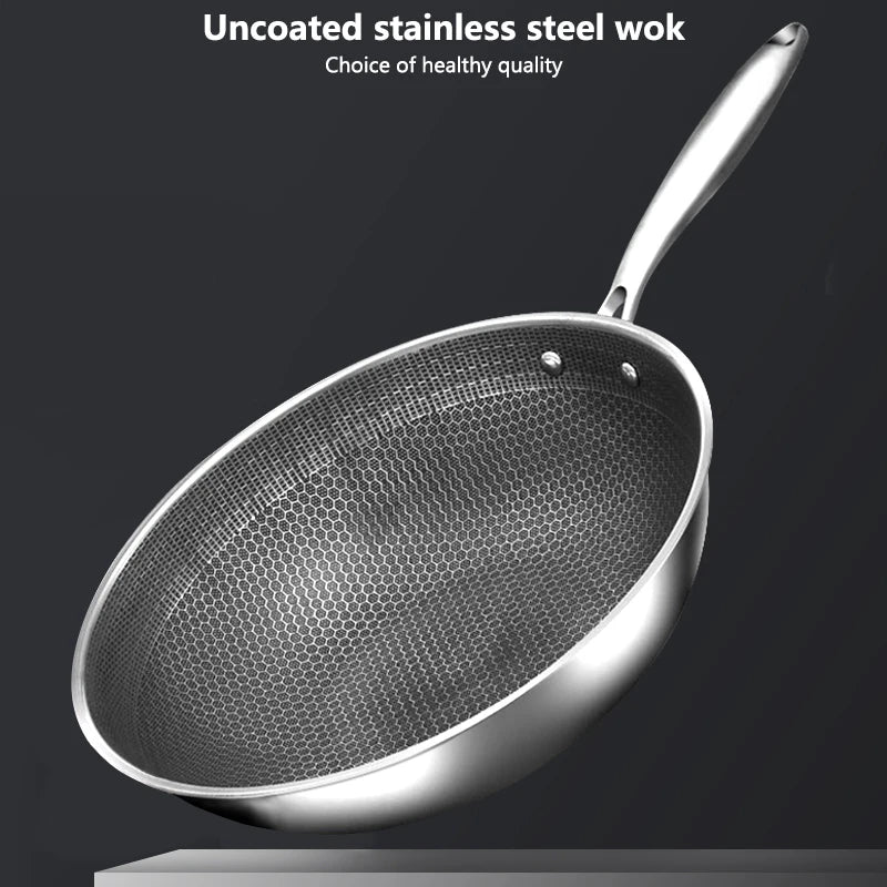32cm Kitchen Wok Pan Uncoated Fying Pan 7-layer stainless Steel Forging For Electric, Induction and Gas Stoves Healthy Cookware
