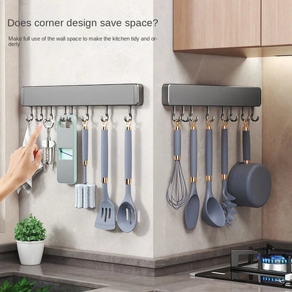 Køkkenopbevaringsstativ Ikke-perforerede hylder Vægmonteret med bevægelig krokke Spoon Holder Organizer Kitchen Geatensil Tilbehør