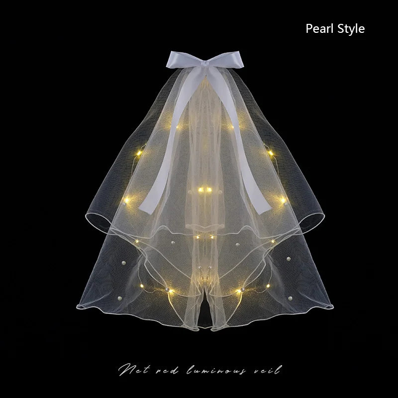 1бр Glow сватбен воал LED светлинна бухалка Pearl Veil Glow в тъмното парти благосклонност сватбен рожден ден парти косплей аксесоари за коса