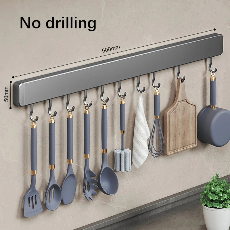 Køkkenopbevaringsstativ Ikke-perforerede hylder Vægmonteret med bevægelig krokke Spoon Holder Organizer Kitchen Geatensil Tilbehør