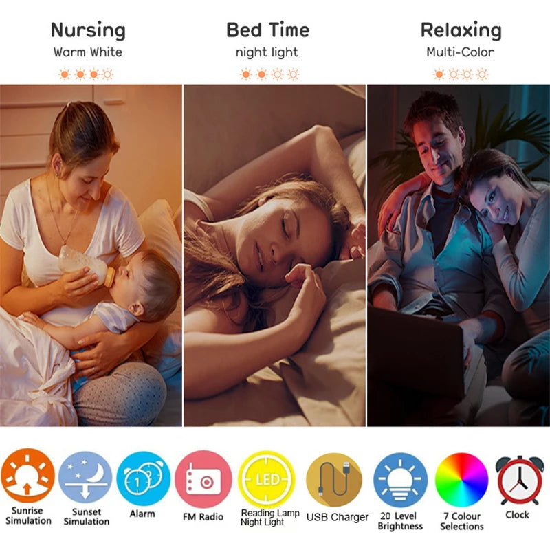 Sunrise Alarm Clock Wake Up Orologio Light Sunrise/Sunset Simulazione Digital Orologio con orologi da scrivania FM a luce notturna